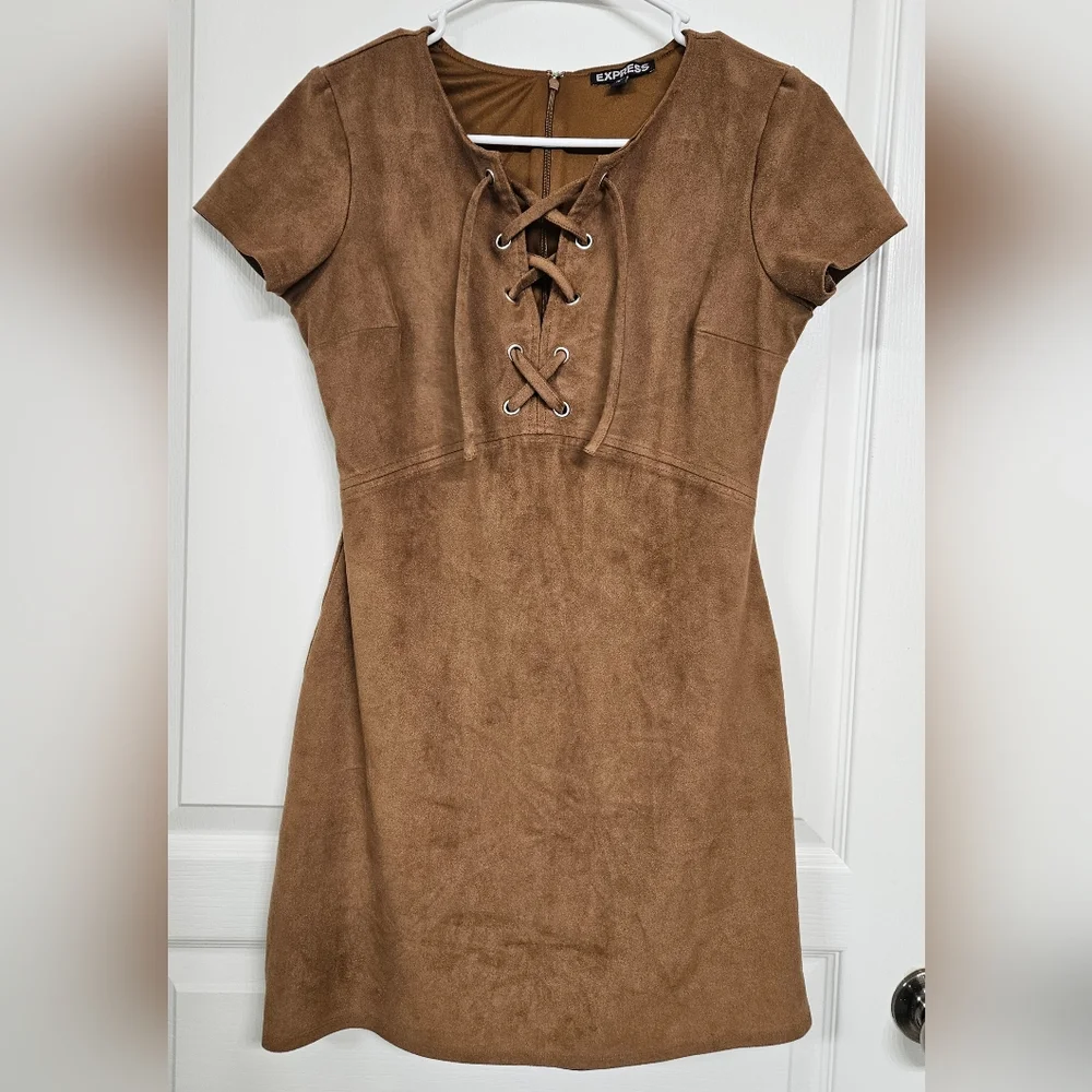 Express size 2 camel brown suede cross laced v neck lined zip up mini dress - Picture 3 of 7